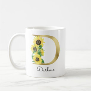 Monogram Gold Sunflower Girly Floral Initiaal D Koffiemok