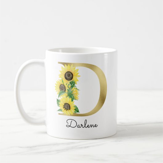 Monogram Gold Sunflower Girly Floral Initiaal D Koffiemok (Links)