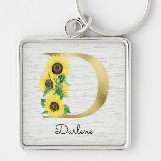 Monogram Gold Sunflower Girly Floral Initiaal D Sleutelhanger (Voorkant)