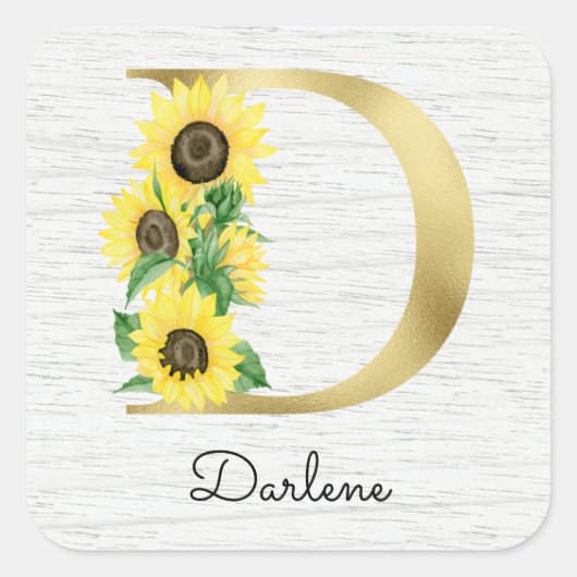 Monogram Gold Sunflower Girly Floral Initiaal D Vierkante Sticker (Voorkant)