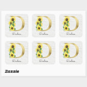 Monogram Gold Sunflower Girly Floral Initiaal D Vierkante Sticker (Vel)