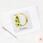 Monogram Gold Sunflower Girly Floral Initiaal D Vierkante Sticker (Envelop)