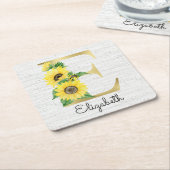 Monogram Gold Sunflower Girly Floral Initiaal E Kartonnen Onderzetters (Schuin)