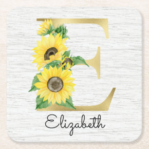 Monogram Gold Sunflower Girly Floral Initiaal E Kartonnen Onderzetters