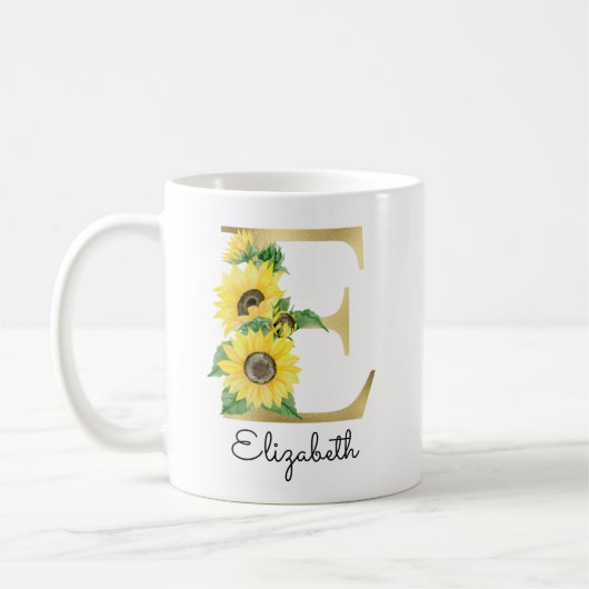 Monogram Gold Sunflower Girly Floral Initiaal E Koffiemok (Links)