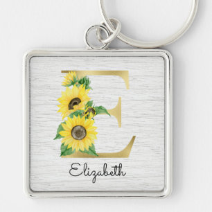 Monogram Gold Sunflower Girly Floral Initiaal E Sleutelhanger