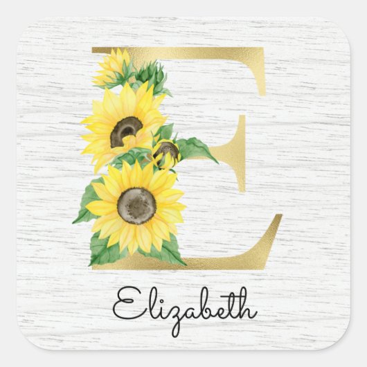 Monogram Gold Sunflower Girly Floral Initiaal E Vierkante Sticker (Voorkant)