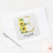 Monogram Gold Sunflower Girly Floral Initiaal E Vierkante Sticker (Envelop)