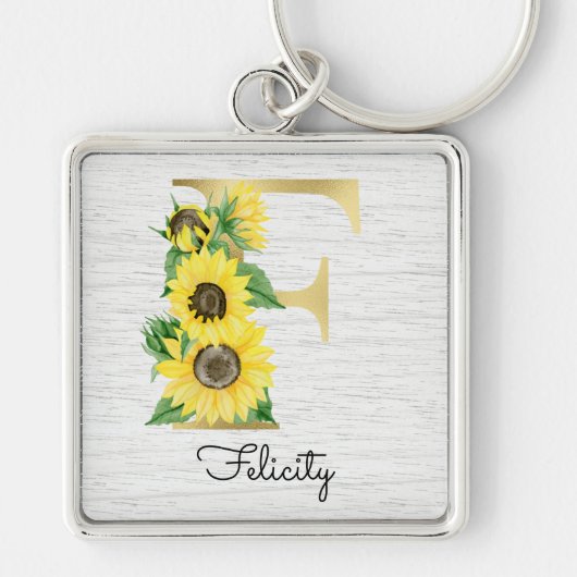 Monogram Gold Sunflower Girly Floral Initiaal F Sleutelhanger (Voorkant)