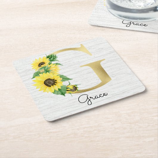 Monogram Gold Sunflower Girly Floral Initiaal G Kartonnen Onderzetters (Schuin)