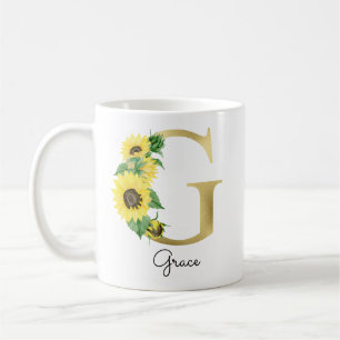Monogram Gold Sunflower Girly Floral Initiaal G Koffiemok