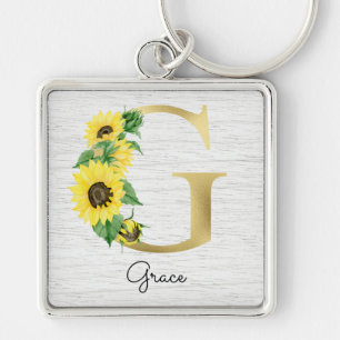 Monogram Gold Sunflower Girly Floral Initiaal G Sleutelhanger