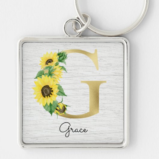 Monogram Gold Sunflower Girly Floral Initiaal G Sleutelhanger (Voorkant)