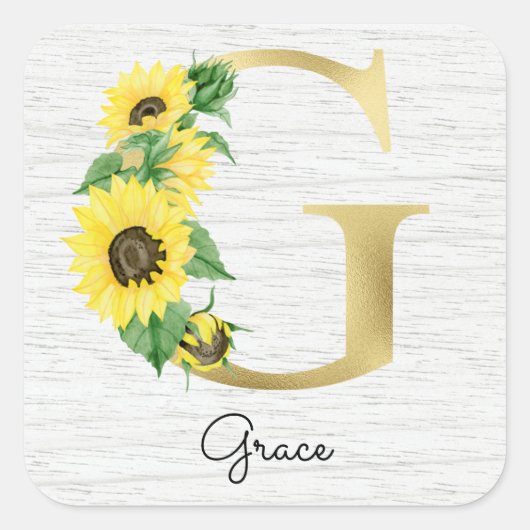 Monogram Gold Sunflower Girly Floral Initiaal G Vierkante Sticker (Voorkant)