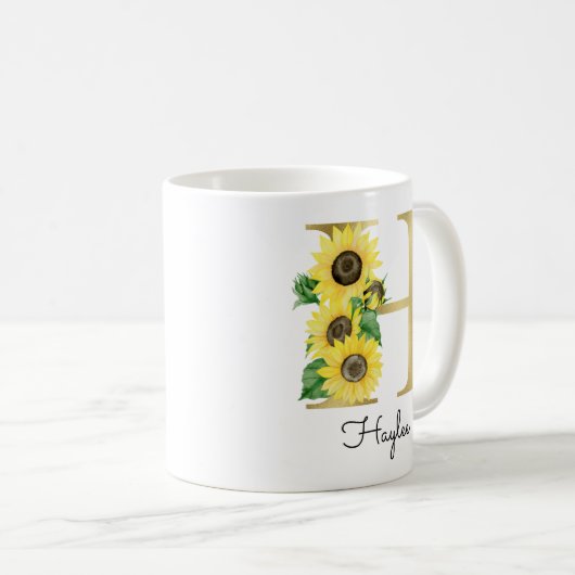 Monogram Gold Sunflower Girly Floral Initiaal H Koffiemok (Voorkant rechts)