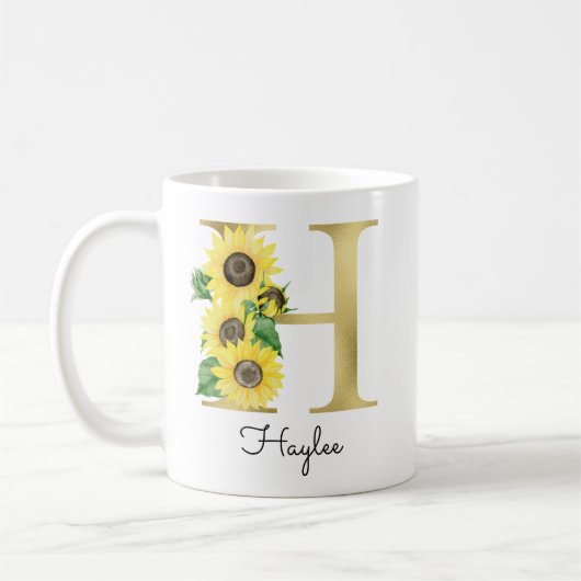 Monogram Gold Sunflower Girly Floral Initiaal H Koffiemok (Links)