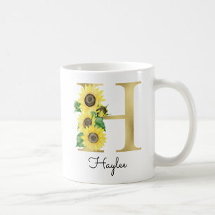 Monogram Gold Sunflower Girly Floral Initiaal H Koffiemok