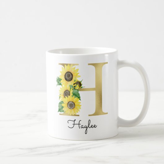 Monogram Gold Sunflower Girly Floral Initiaal H Koffiemok (Rechts)