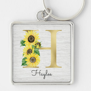 Monogram Gold Sunflower Girly Floral Initiaal H Sleutelhanger