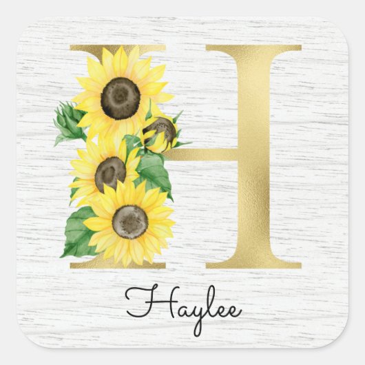Monogram Gold Sunflower Girly Floral Initiaal H Vierkante Sticker (Voorkant)