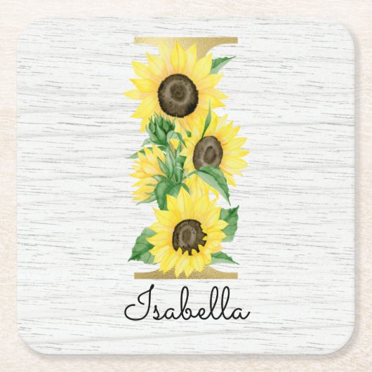 Monogram Gold Sunflower Girly Floral Initiaal I Kartonnen Onderzetters (Voorkant)