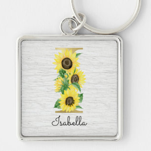 Monogram Gold Sunflower Girly Floral Initiaal I Sleutelhanger