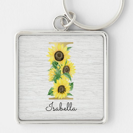 Monogram Gold Sunflower Girly Floral Initiaal I Sleutelhanger (Voorkant)