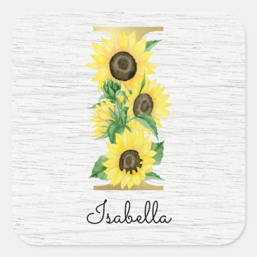 Monogram Gold Sunflower Girly Floral Initiaal I Vierkante Sticker (Voorkant)