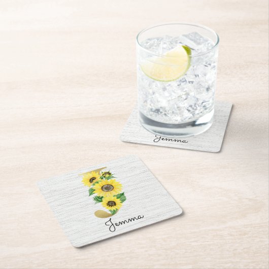 Monogram Gold Sunflower Girly Floral Initiaal J Kartonnen Onderzetters (Insitu)