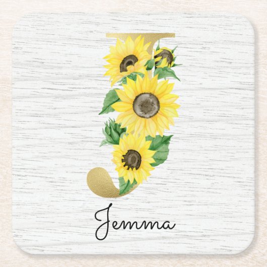 Monogram Gold Sunflower Girly Floral Initiaal J Kartonnen Onderzetters (Voorkant)