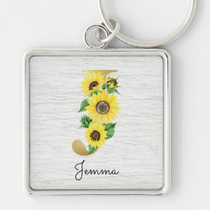 Monogram Gold Sunflower Girly Floral Initiaal J Sleutelhanger