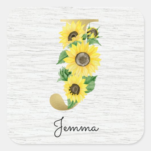 Monogram Gold Sunflower Girly Floral Initiaal J Vierkante Sticker (Voorkant)