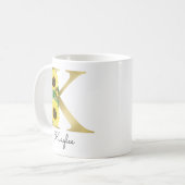 Monogram Gold Sunflower Girly Floral Initiaal K Koffiemok (Voorkant links)