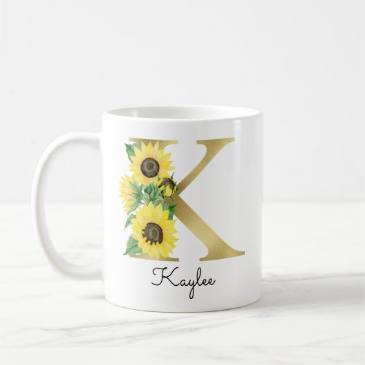 Monogram Gold Sunflower Girly Floral Initiaal K Koffiemok (Links)