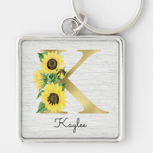 Monogram Gold Sunflower Girly Floral Initiaal K Sleutelhanger (Voorkant)