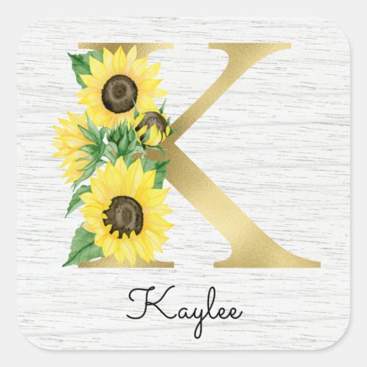Monogram Gold Sunflower Girly Floral Initiaal K Vierkante Sticker (Voorkant)