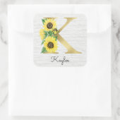 Monogram Gold Sunflower Girly Floral Initiaal K Vierkante Sticker (Tas)