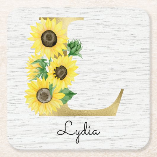 Monogram Gold Sunflower Girly Floral Initiaal L Kartonnen Onderzetters (Voorkant)