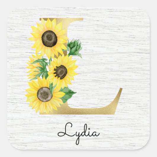 Monogram Gold Sunflower Girly Floral Initiaal L Vierkante Sticker (Voorkant)