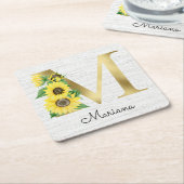Monogram Gold Sunflower Girly Floral Initiaal M Kartonnen Onderzetters (Schuin)