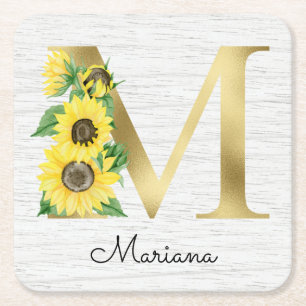 Monogram Gold Sunflower Girly Floral Initiaal M Kartonnen Onderzetters