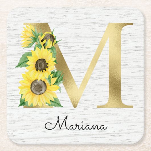 Monogram Gold Sunflower Girly Floral Initiaal M Kartonnen Onderzetters (Voorkant)