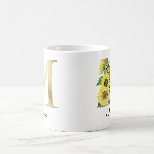 Monogram Gold Sunflower Girly Floral Initiaal M Koffiemok (Center)