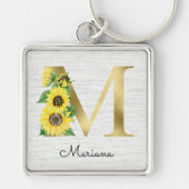 Monogram Gold Sunflower Girly Floral Initiaal M Sleutelhanger (Voorkant)