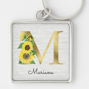 Monogram Gold Sunflower Girly Floral Initiaal M Sleutelhanger