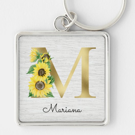 Monogram Gold Sunflower Girly Floral Initiaal M Sleutelhanger (Voorkant)