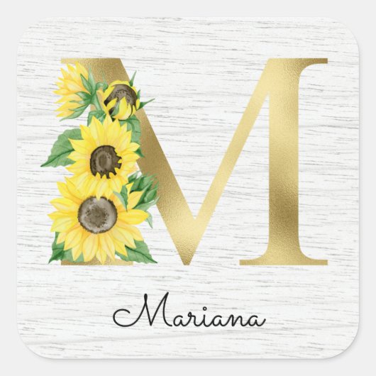 Monogram Gold Sunflower Girly Floral Initiaal M Vierkante Sticker (Voorkant)