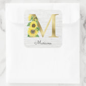 Monogram Gold Sunflower Girly Floral Initiaal M Vierkante Sticker (Tas)