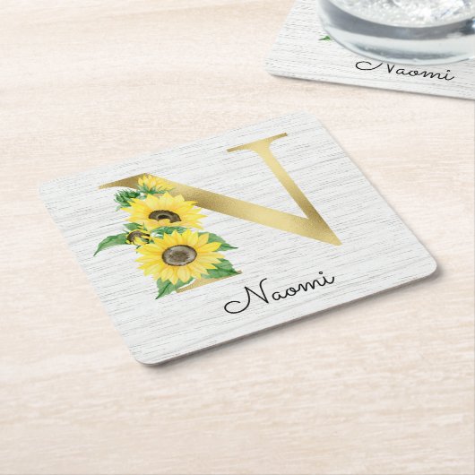 Monogram Gold Sunflower Girly Floral Initiaal N Kartonnen Onderzetters (Schuin)