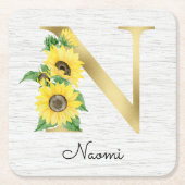 Monogram Gold Sunflower Girly Floral Initiaal N Kartonnen Onderzetters (Voorkant)